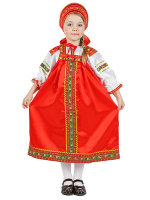 Русский народный костюм "Василиса" детский, красный атлас, 7-12 лет