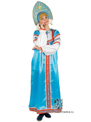 Русский народный костюм "Василиса" голубой атлас, XS-L
