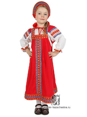 Русский народный костюм "Дуняша" детский, красный хлопок, 7-12 лет