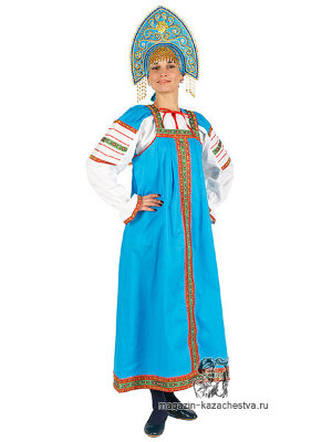 Русский народный костюм "Дуняша", голубой хлопковый комплект, размер XS-L