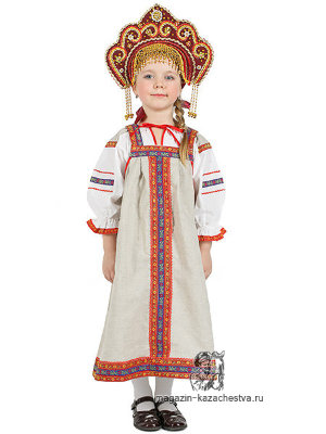 Русский народный костюм "Забава" детский, лен серый, 7-12 лет