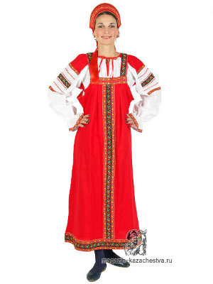 Русский народный костюм "Забава", лен красный, XL-XXXL